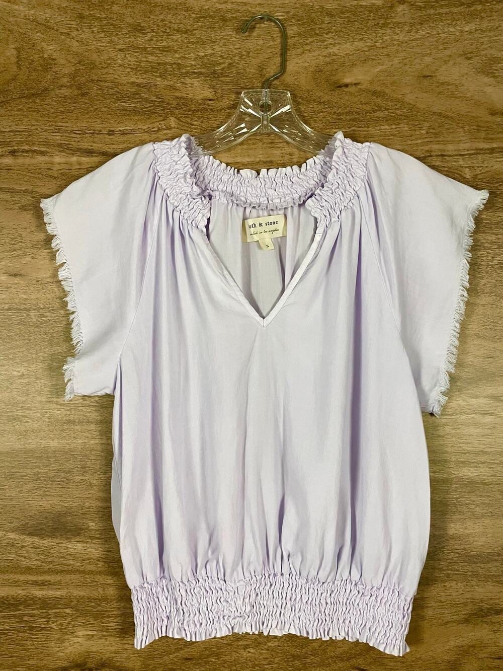 Cloth & Stone Lavender Tencel Blouse Women’s Small Smocked Waist V-Neck Fringe